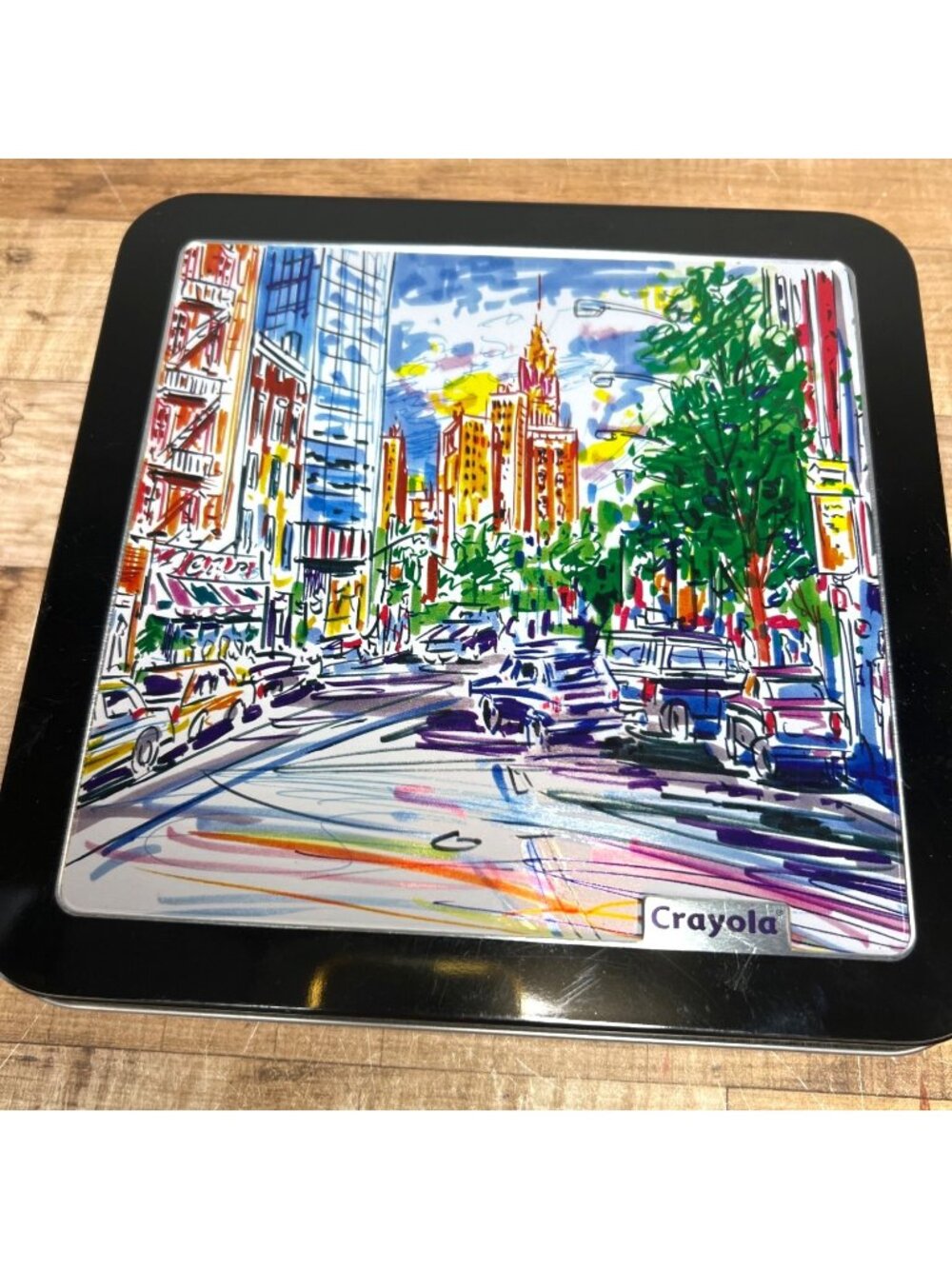 Crayola 2017 Empty Square Tin Container & Lid With Colorful Cityscape Illustrati